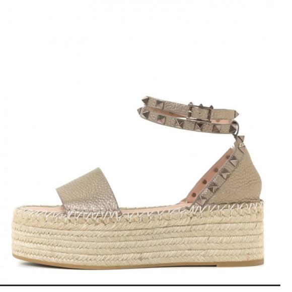 VALENTINO GARAVANI Metallic Rockstud Ankle Wrap Espadrille Flatform Sandals 38 - Picture 4 of 12